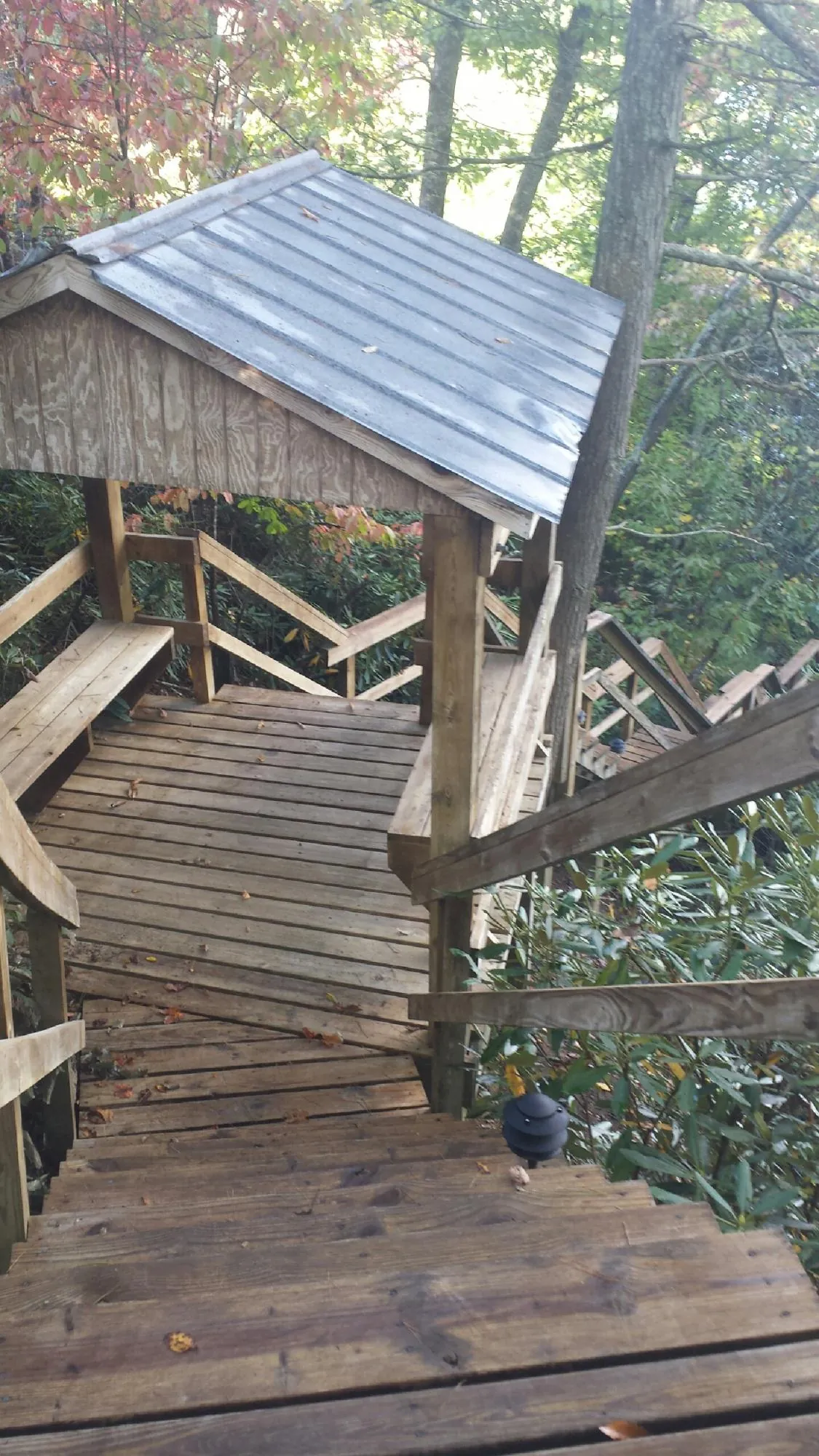 Metal roofed shelter over wooden steps on a wooded walkway — Skylight Repair & Installation work by our crew in Cedar Falls